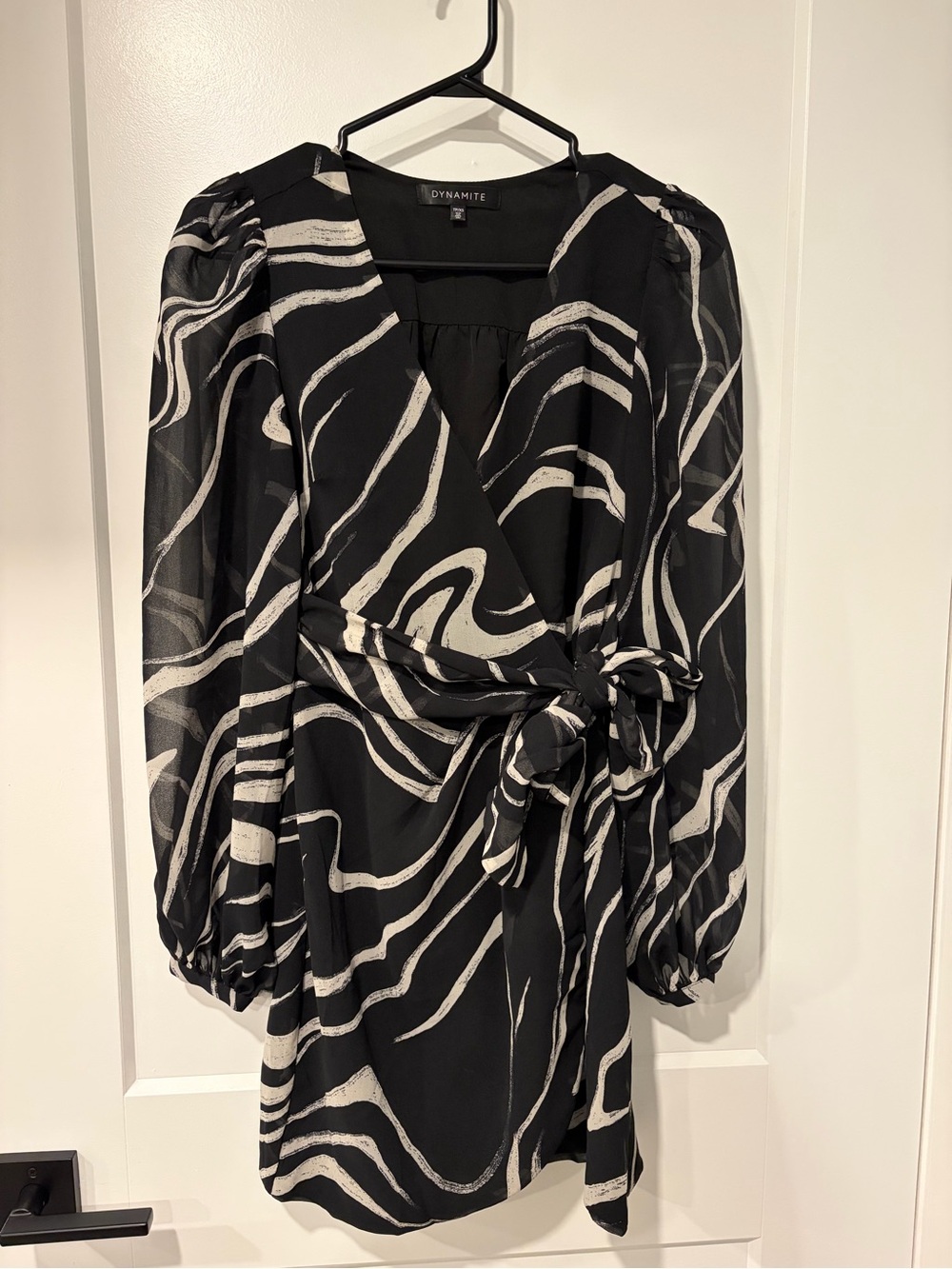 Dynamite Long Sleeve Wrap Mini Dress Black & White XS